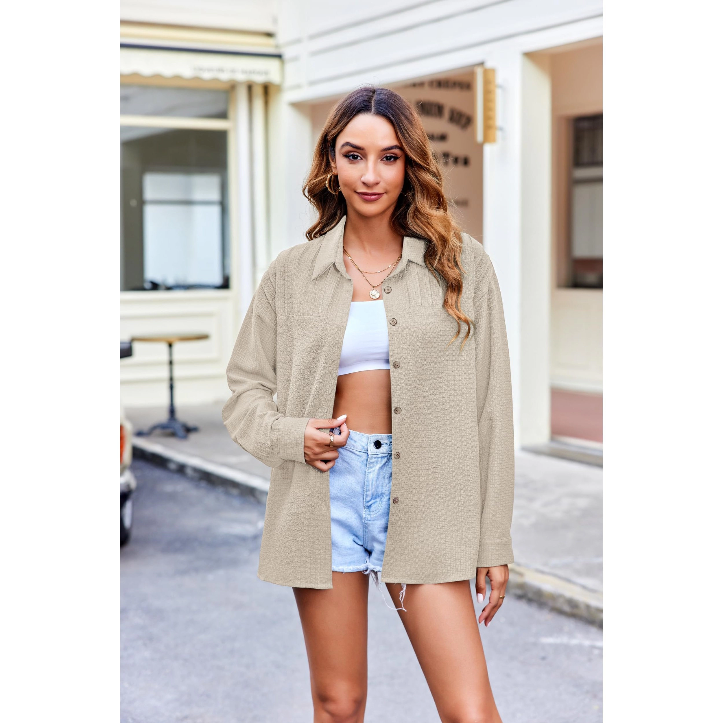 Zeagoo Women'  Button Down Shirts Casual Pleated Long Sleeve Shirt