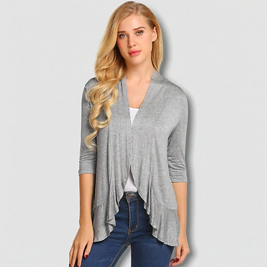 Zeagoo Women's Open Front 3/4 Sleeve Draped Ruffles Knit Cardigan