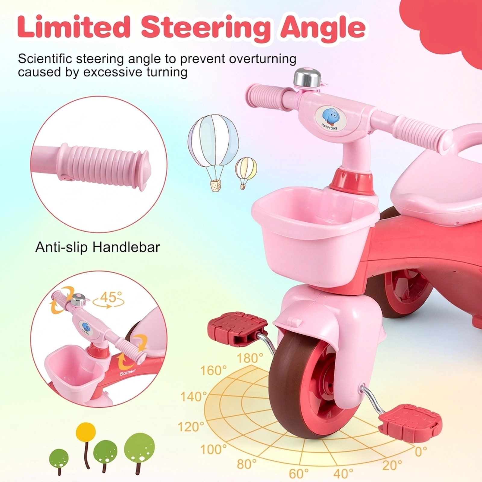 SUGIFT Limited-Steering Toddler Tricycle Ride-On Car with Front & Rear Baskets & Bell 55-lb Capacity Ages 3-5 Pink Green