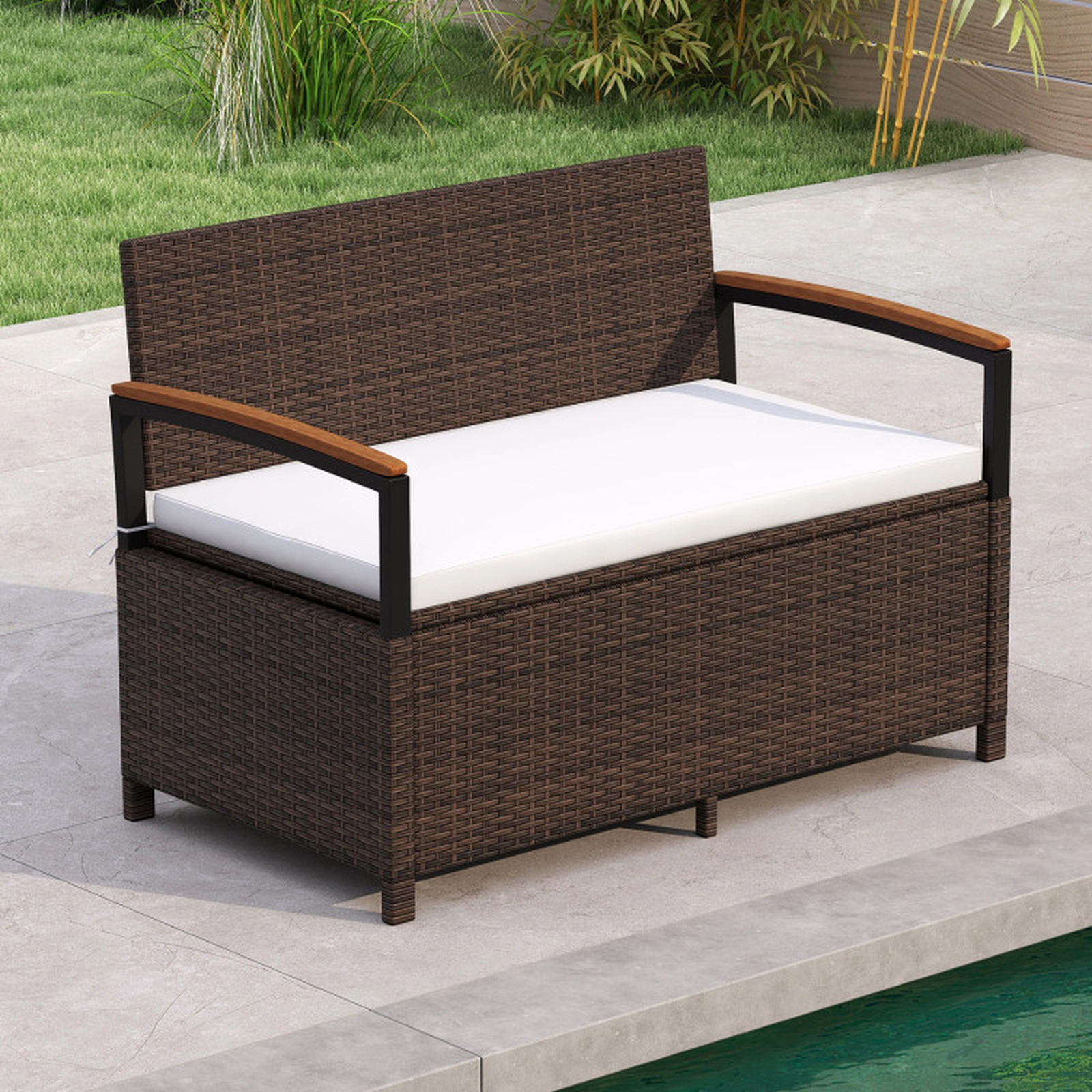 SUGIFT Gas Strut Lid 46-Gallon Washable Cushion PE Rattan Storage Bench 47-in x 24-in x 33-in 800-lb Capacity White