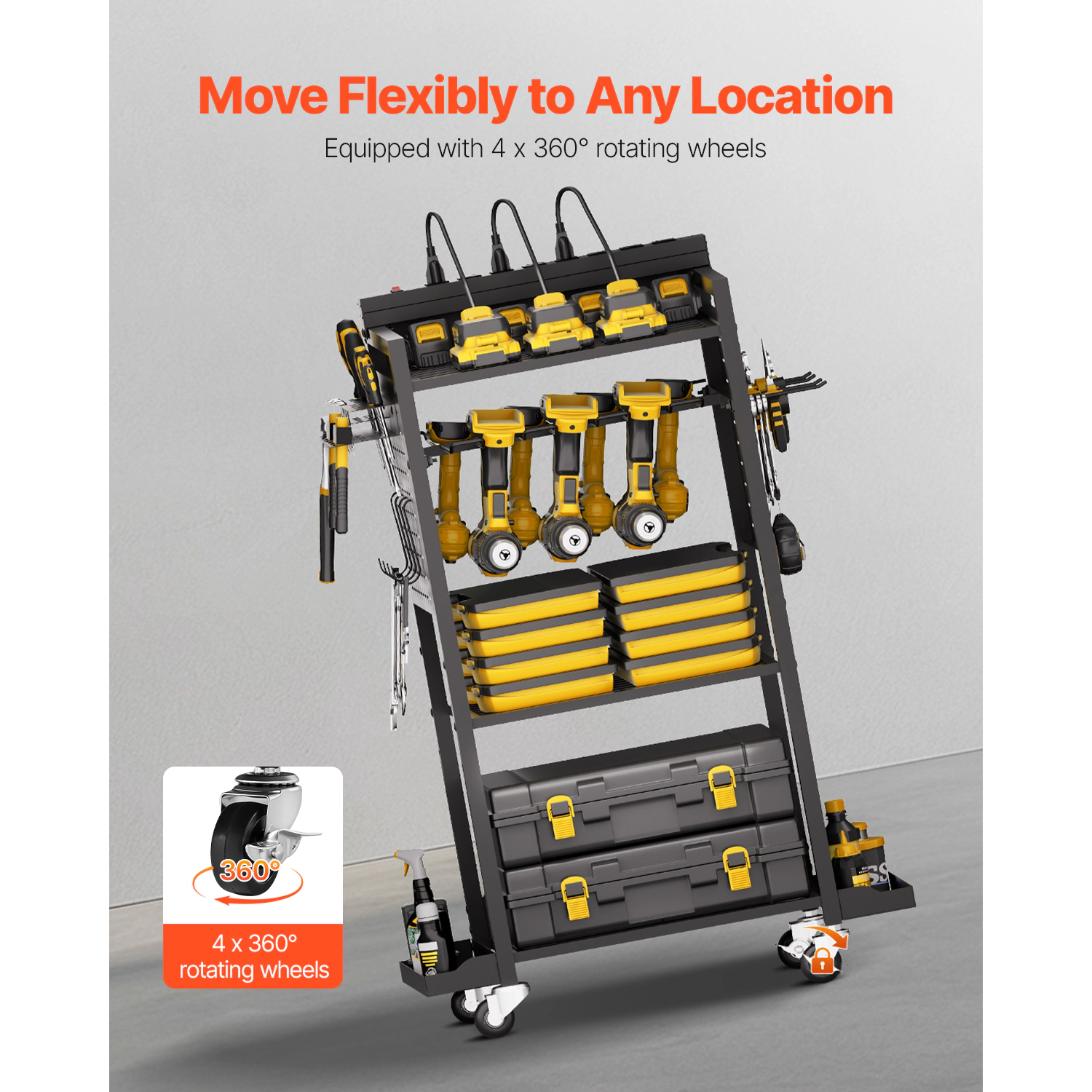 HONGGE Tool Organizer Cart with Charging Station 8 AC Outlet Floor Stand Rolling Drill Holder and Tool Battery Storage