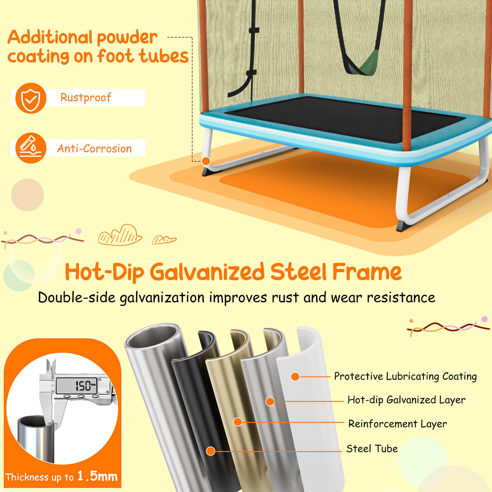 SUGIFT Swing Horizontal Bar and Safety Net 6 Feet Rectangle Kids Trampoline