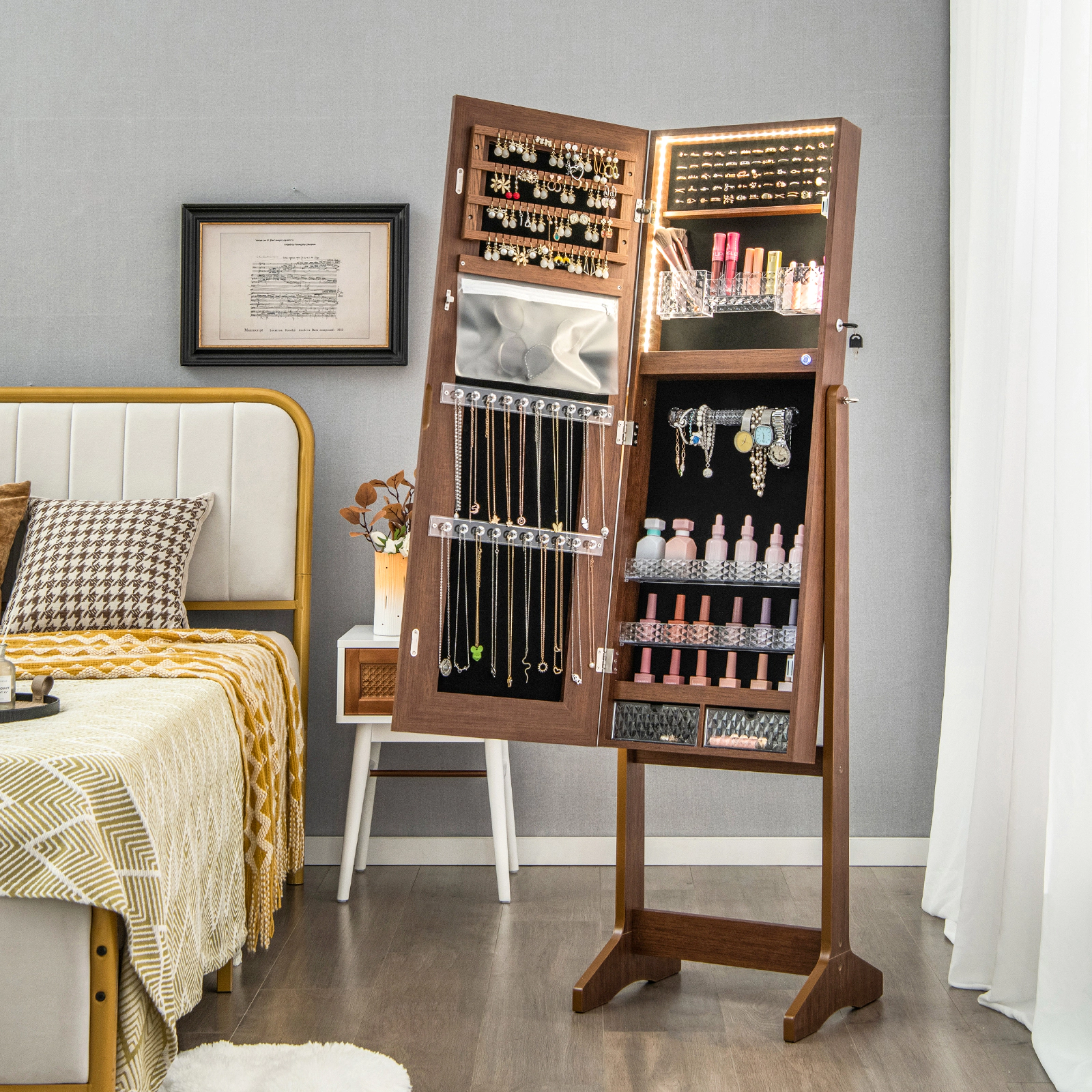 Slickblue 59.5 Inch Freestanding Lockable Jewelry Cabinet with Full-Length Mirror and Dual LED Lights