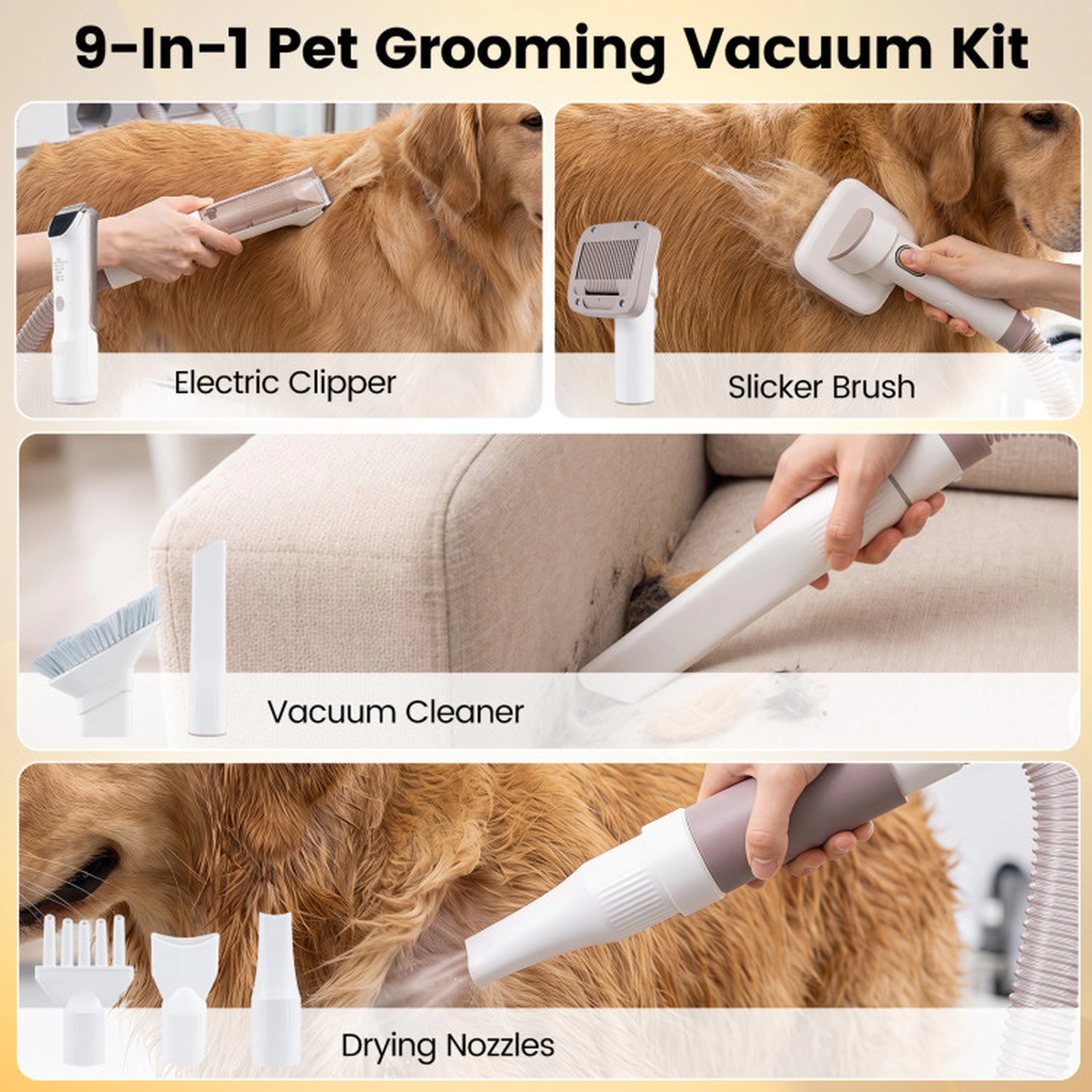 SUGIFT 9-in-1 Dog Grooming Vacuum Kit with 3 Suction Modes and Clippers 11-in Pet Vacuum for Dogs and Cats White