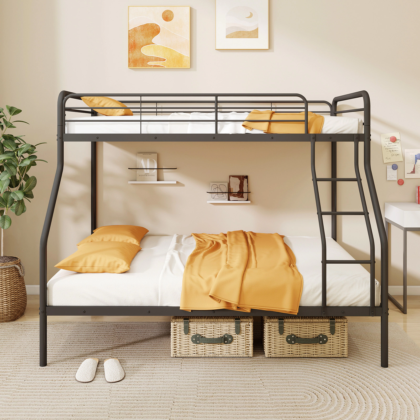 Twin Over Full Bunk Bed Metal Bunk Beds with Full Length Guardrails Integrated Ladder Black