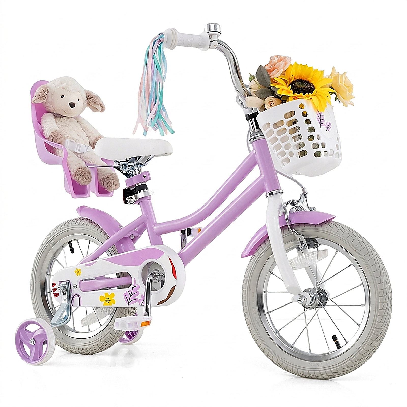 SUGIFT 14-Inch Girls Kids Bicycle with Dual Brake System Doll Seat and Streamers 145-lb Capacity Ages 3-5 Rose Red -30.5