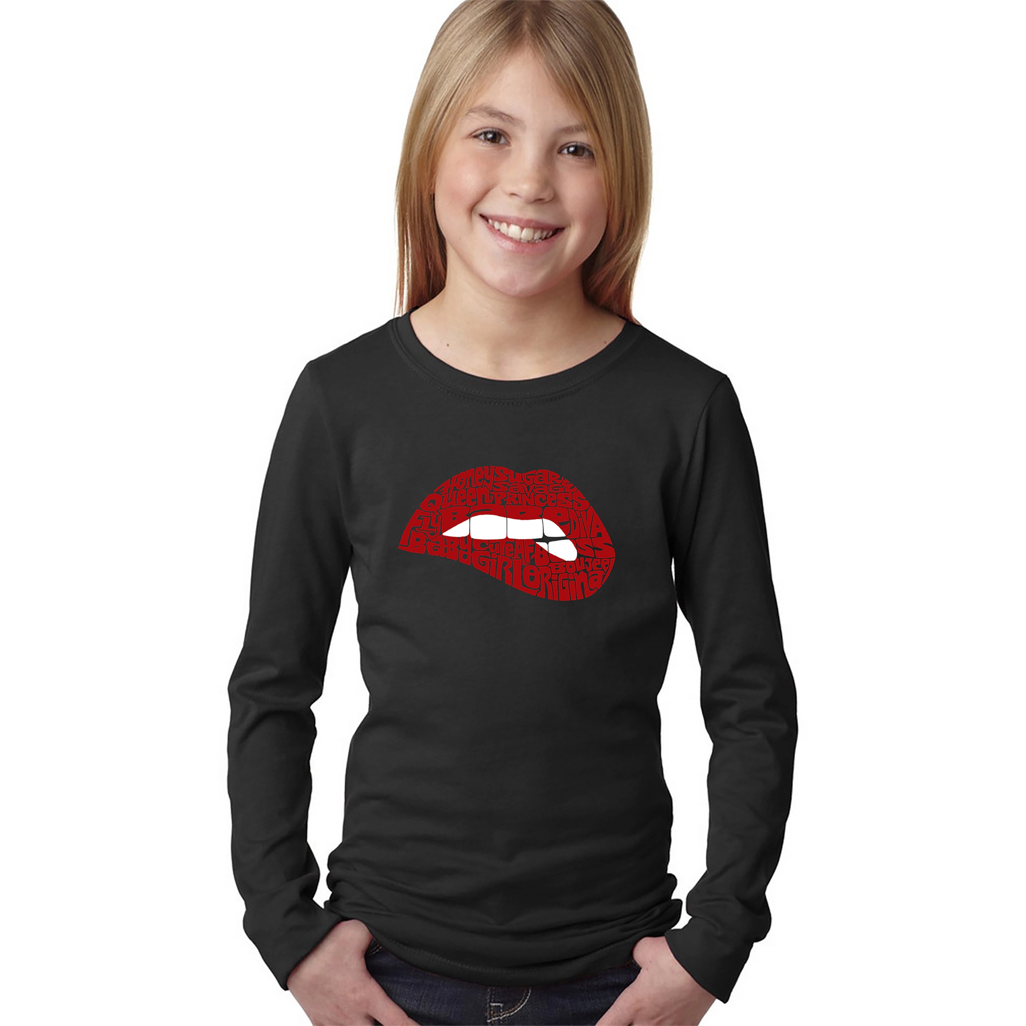 LA Pop Art Girls Long Sleeve Word T-Shirt - Savage Lips