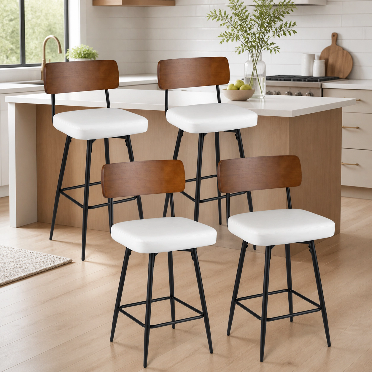 SUGIFT Set of 4 27-Inch Counter-Height Swivel Stools, Waterproof PU Seats, Curved Wood Backs