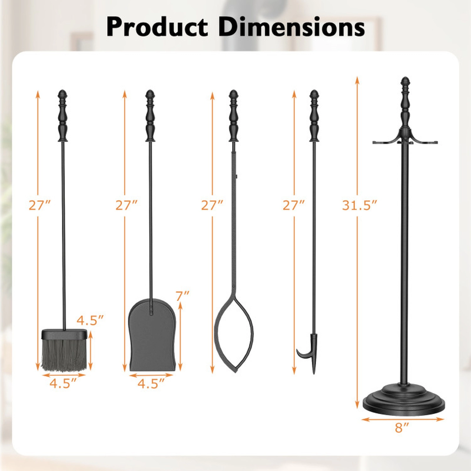 SUGIFT 5-Piece Poker Tongs Brush Shovel Round Stand Fireplace Tool Set 27-in Tools 8-in x 31.5-in Base 9-lb Black
