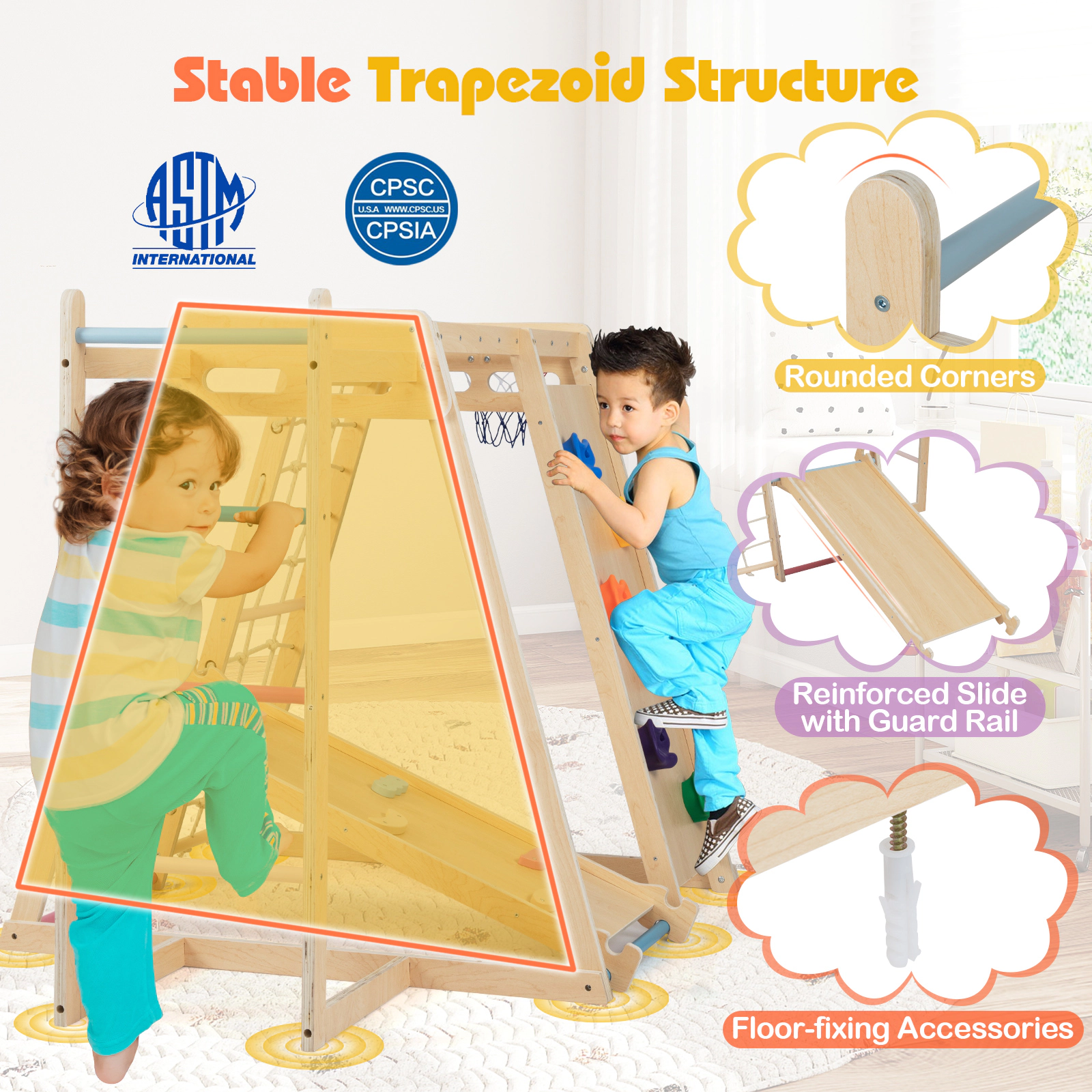 6-in-1 Kids Indoor Playground Jungle Gym Reversible Slide Rock Ramp Ball Rim Floor Anchors 330-lb Ages 3-14 Macaron
