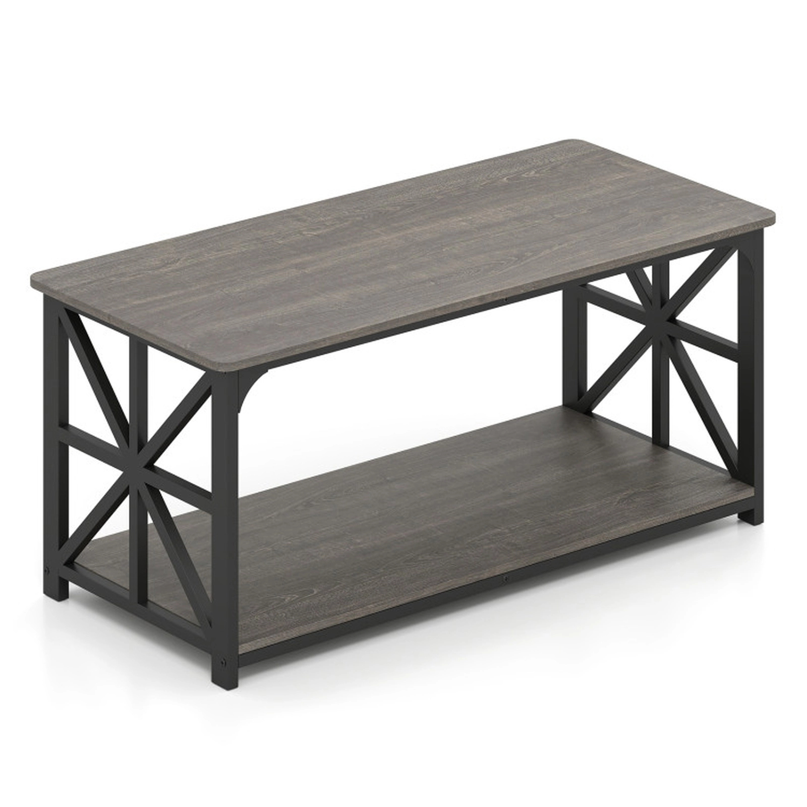 SUGIFT 43-in 290-lb Overall Capacity 2-Tier Oak Farmhouse Coffee Table with X-Shaped Carbon Steel Frame