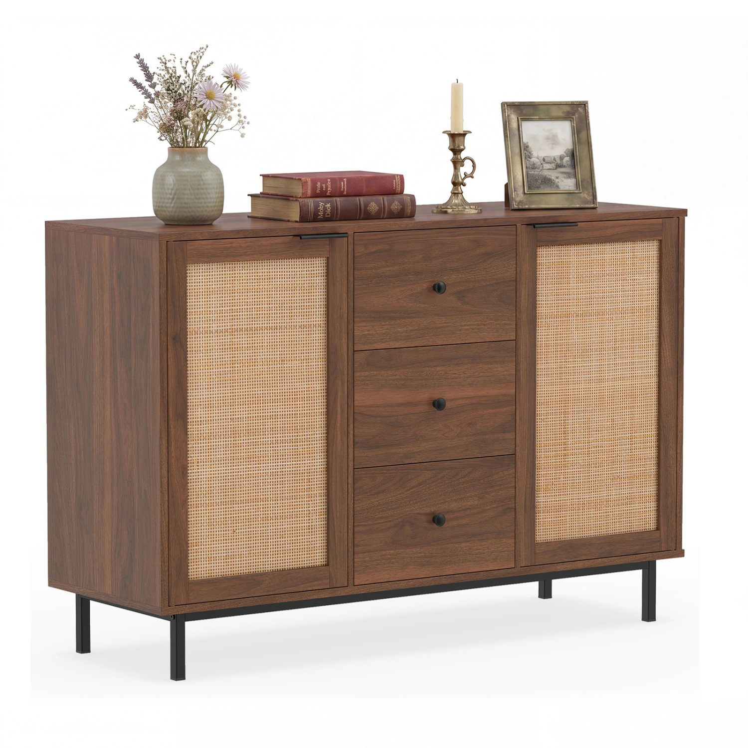 Glintex 47.5-Inch Farmhouse Coffee Bar with Rattan Doors and 3 Drawers