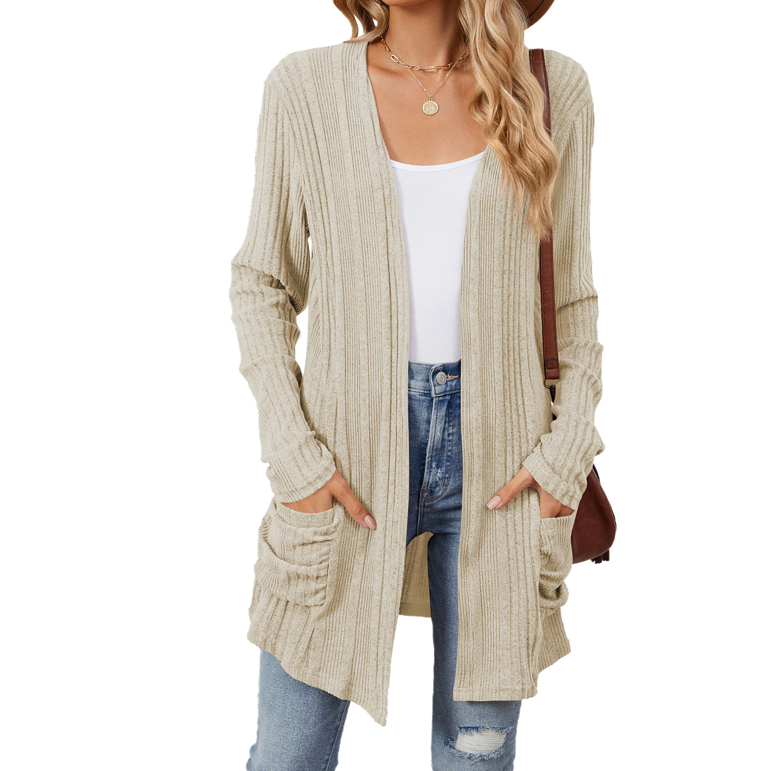 Women's Lightweight Open Front Button Cardigan Fall Sweater with Pockets