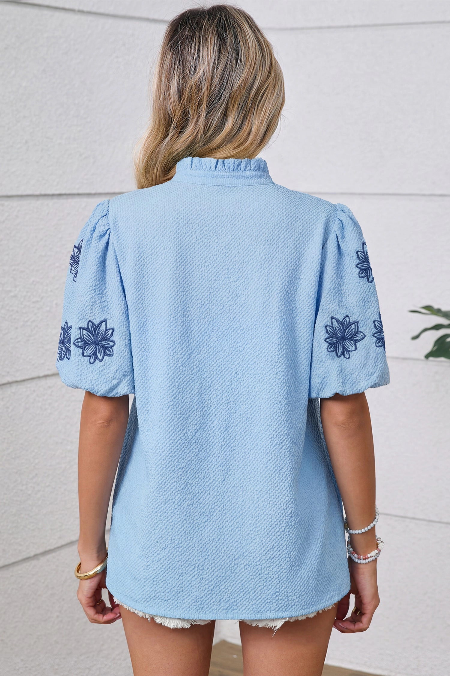 Threaded Pear Women's Solana Puff Sleeve Textured Blouse