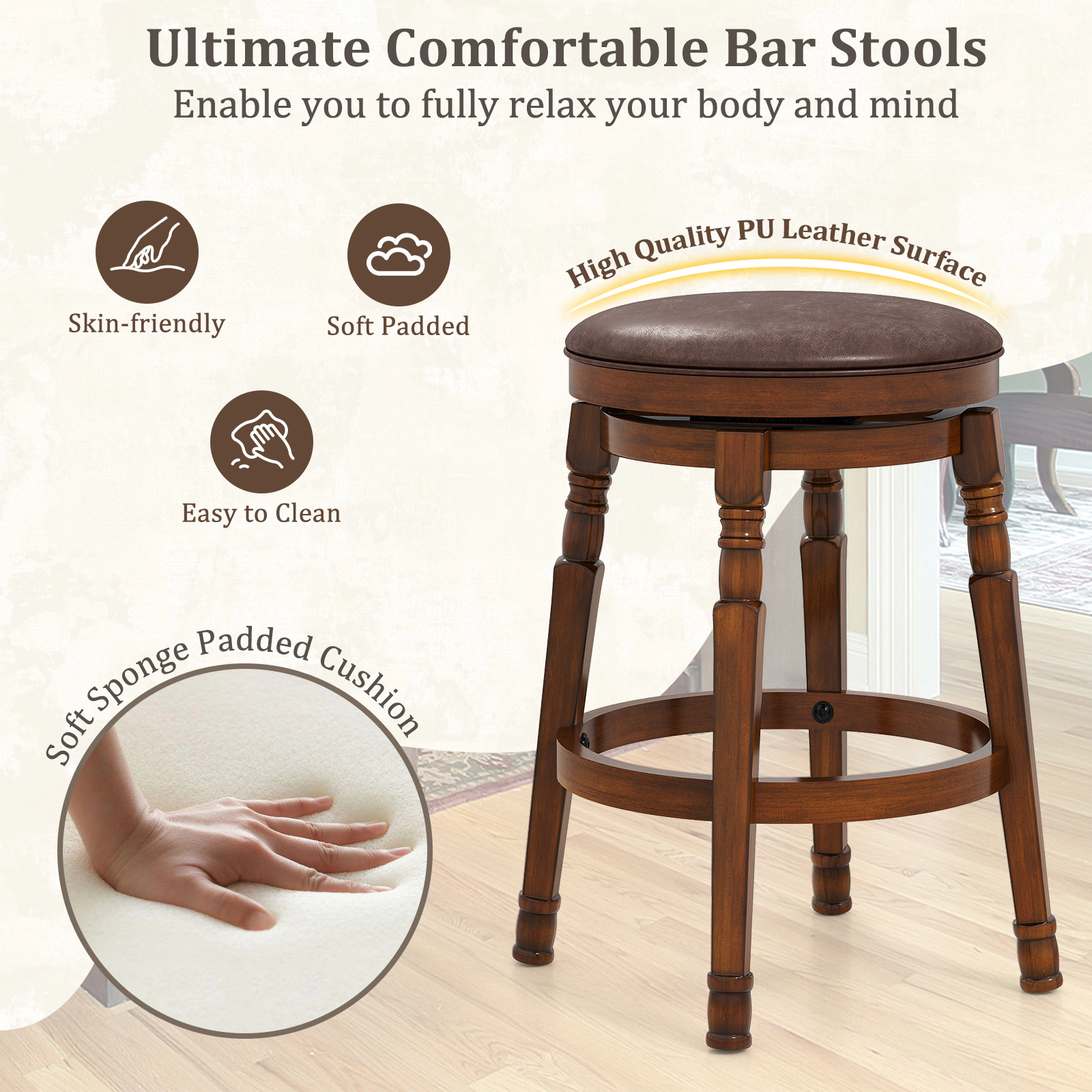 SUGIFT Round Padded Leather Seat Set of 2 Walnut 24 in Swivel Backless Bar Stools