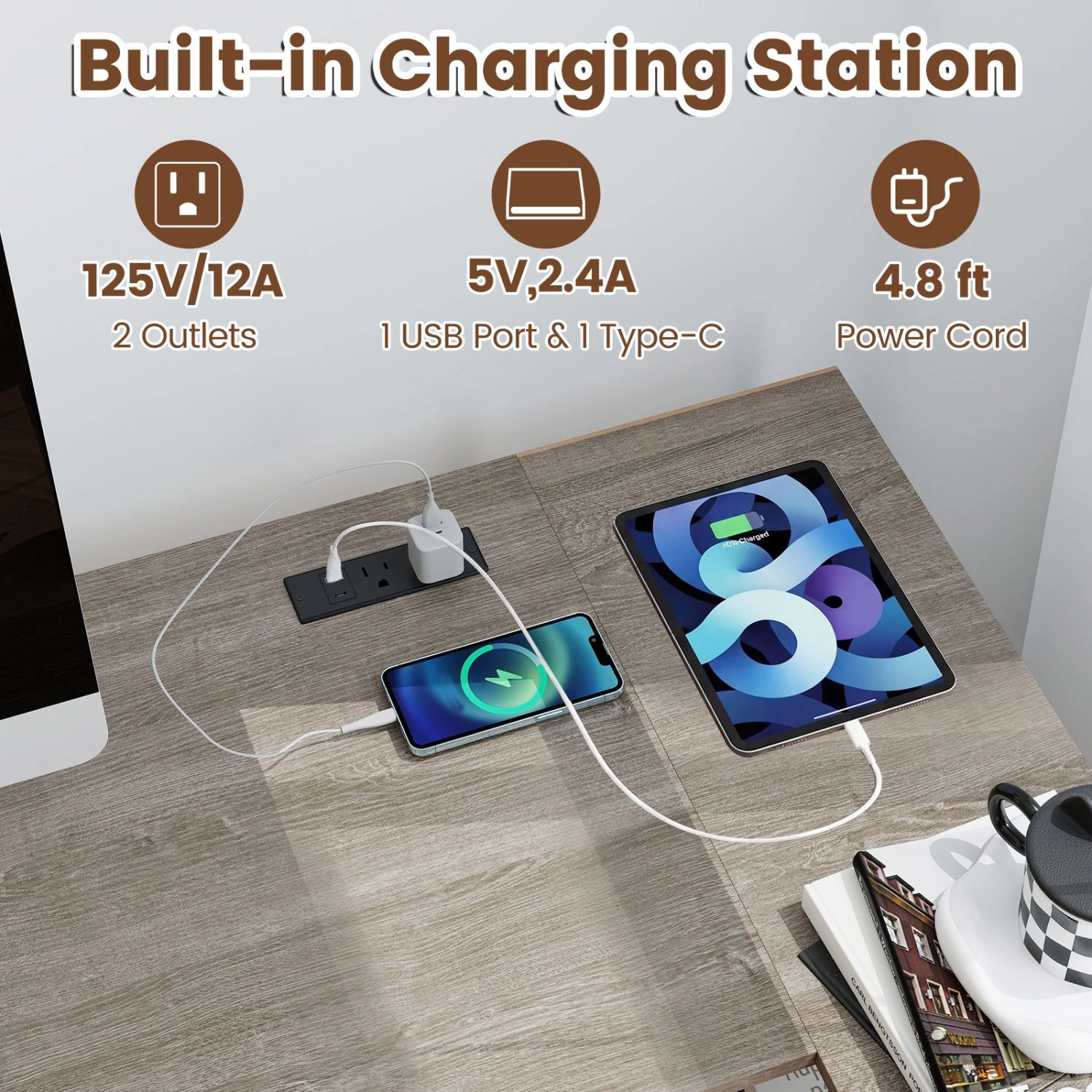 SlickBlue L Shaped Computer Desk with Charging Station and Drawers