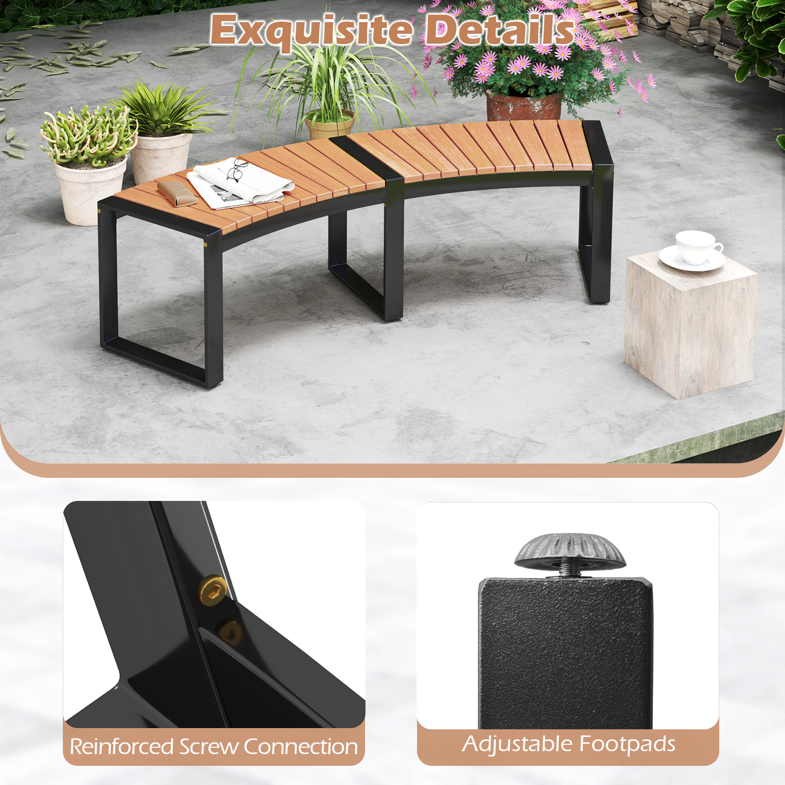 SUGIFT Curved Patio Bench with Slatted Acacia Wood Seat and Metal Legs 800-lb Capacity Yellow Black