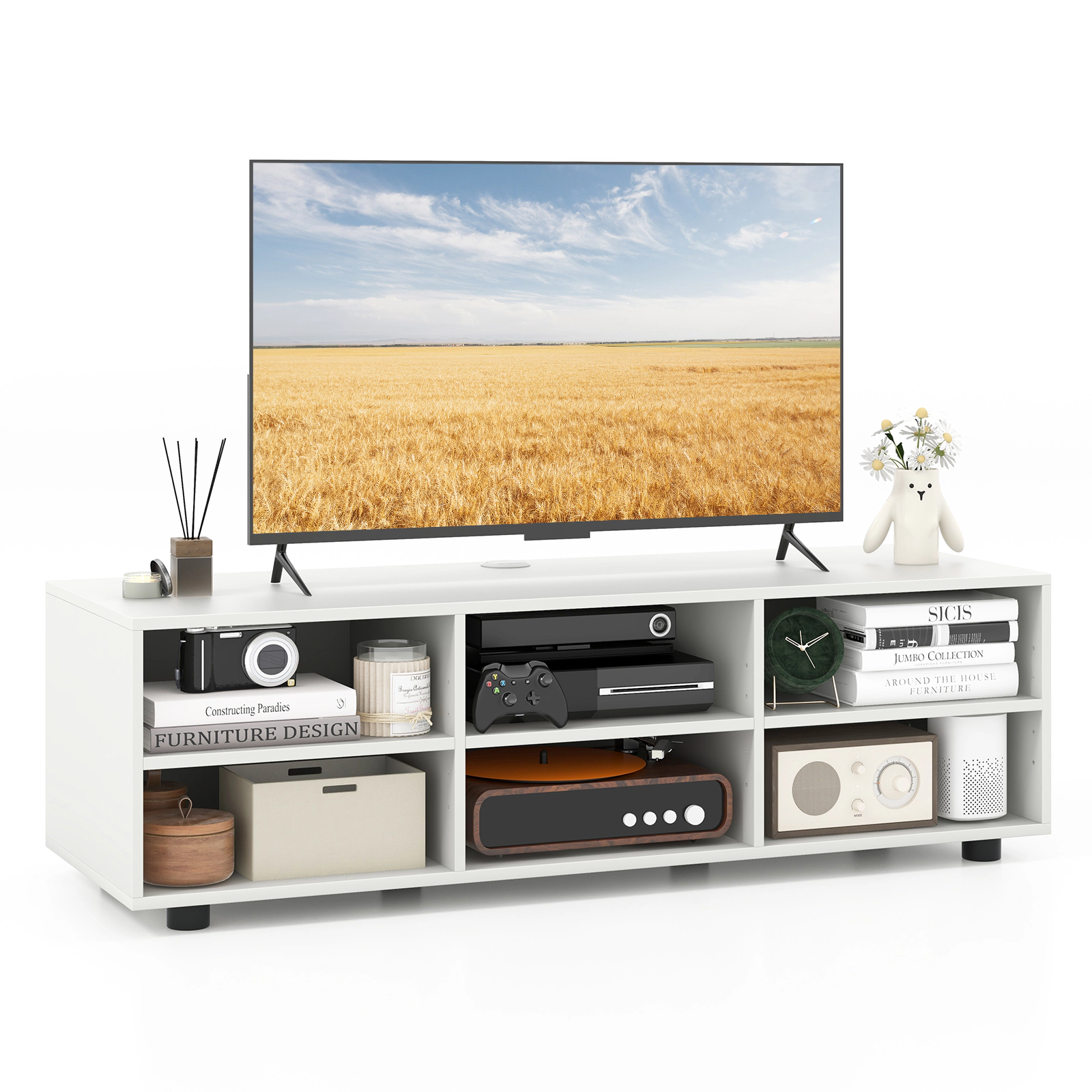 SUGIFT TV Stand with 6 Storage Compartments for TVs up to 55 in 135-lb Top Capacity 25-lb Shelf Capacity White