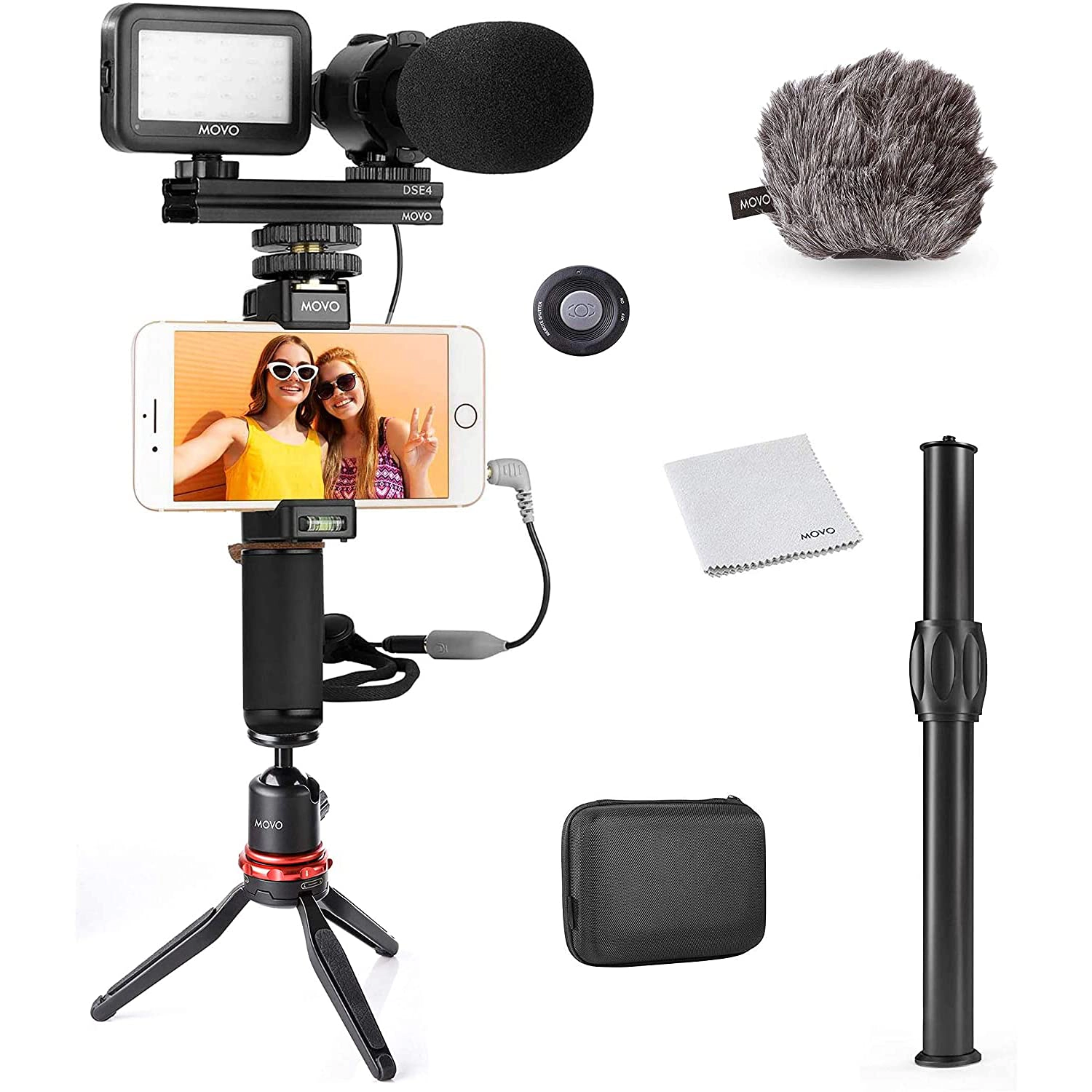 Movo V7+ YouTube Starter Kit - Vlogging Kit for iPhone with Tripod Grip Stereo Microphone LED Light and Remote