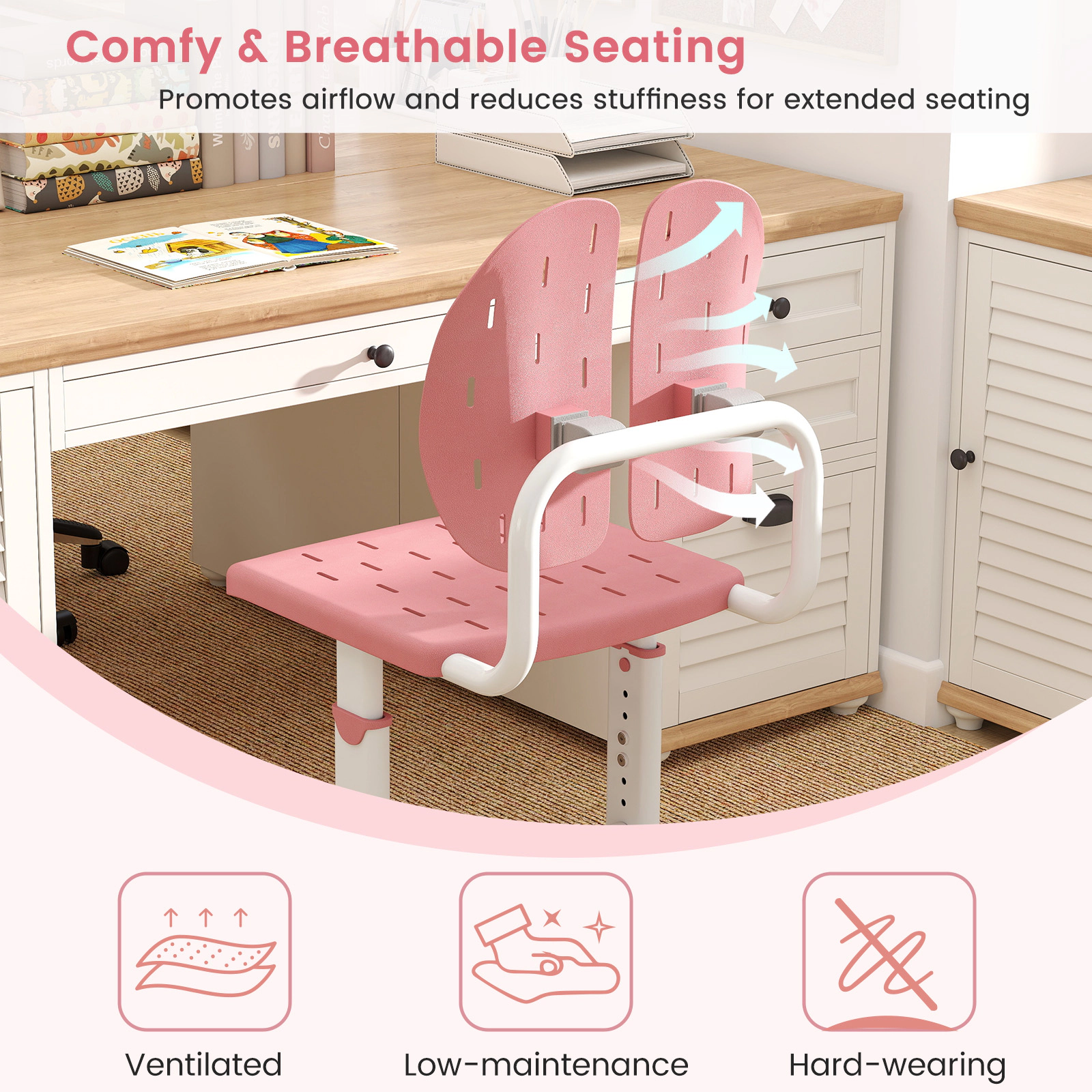 SUGIFT Kids Desk Chair, No Wheels, Pink, 5 Adjustable Seat Heights, Breathable Perforated Seat