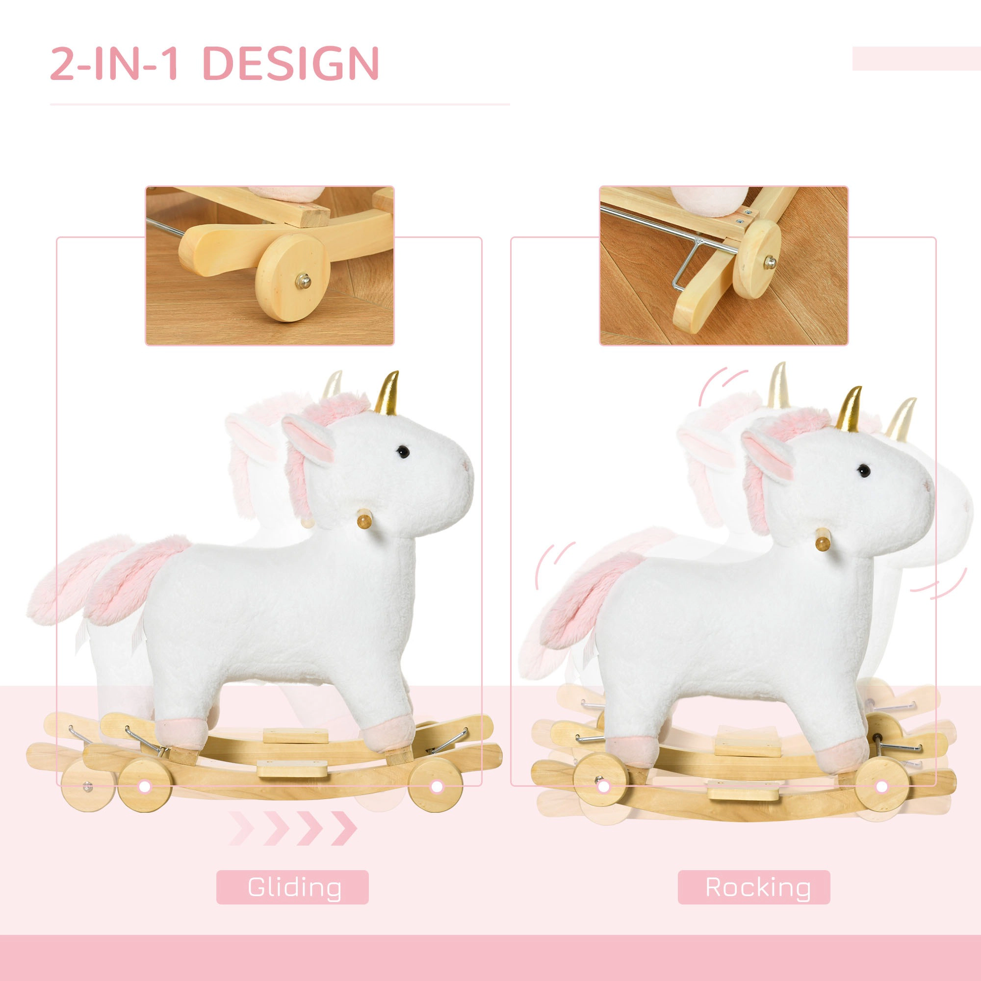 HONGGE White 2-in-1 Rock and Roll Unicorn Ride-On Toy with Wooden Base and Sound for Kids Ages 3-6