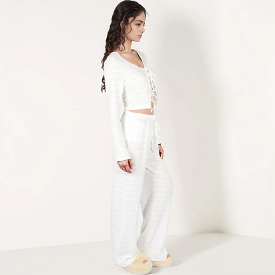 Anna-Kaci Women's Long Sleeve Waffle Knit Sleepwear Set with Front Tie Crop Top and Drawstring Lounge Pants