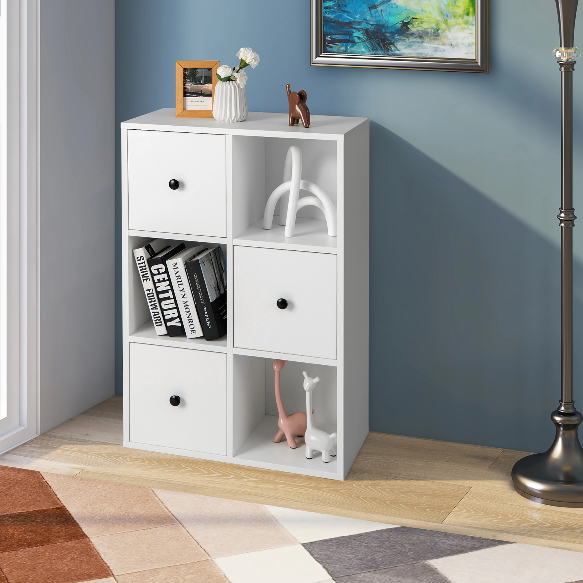 Costway 6-Cube Bookcase Storage Organizer with 3 Open Cubes 3 Drawers for Home Office White