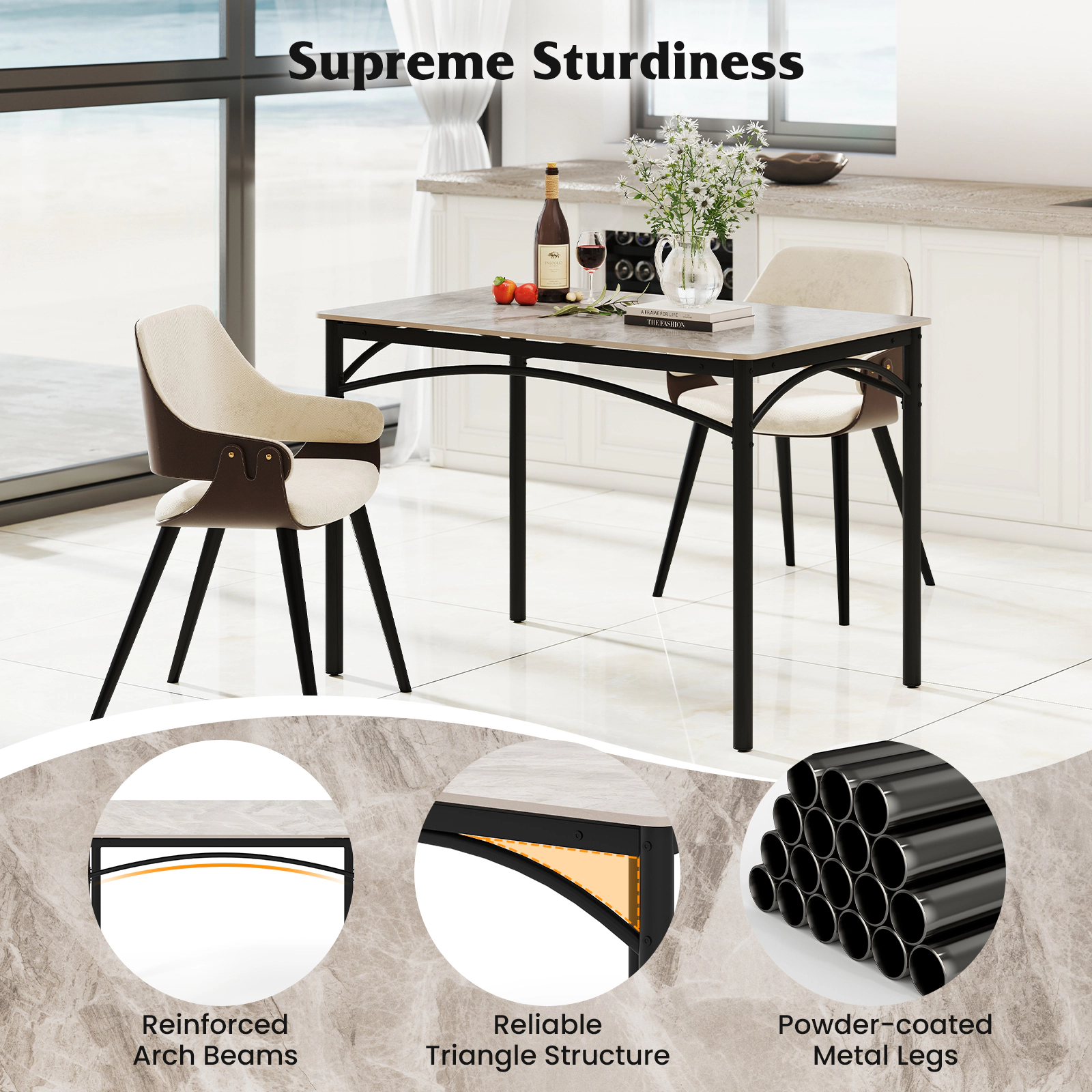SUGIFT Rectangular Sintered Stone Dining Table for 4 People with Metal Frame 220-lb Capacity Gray + Black