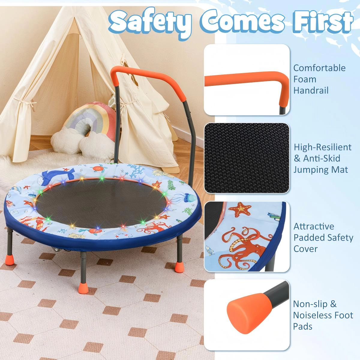 SUGIFT Folding Mini Trampoline Rebounder with LED Lights 55-lb Capacity Ages 3+ 36-in Frame with Foam Handrail Blue