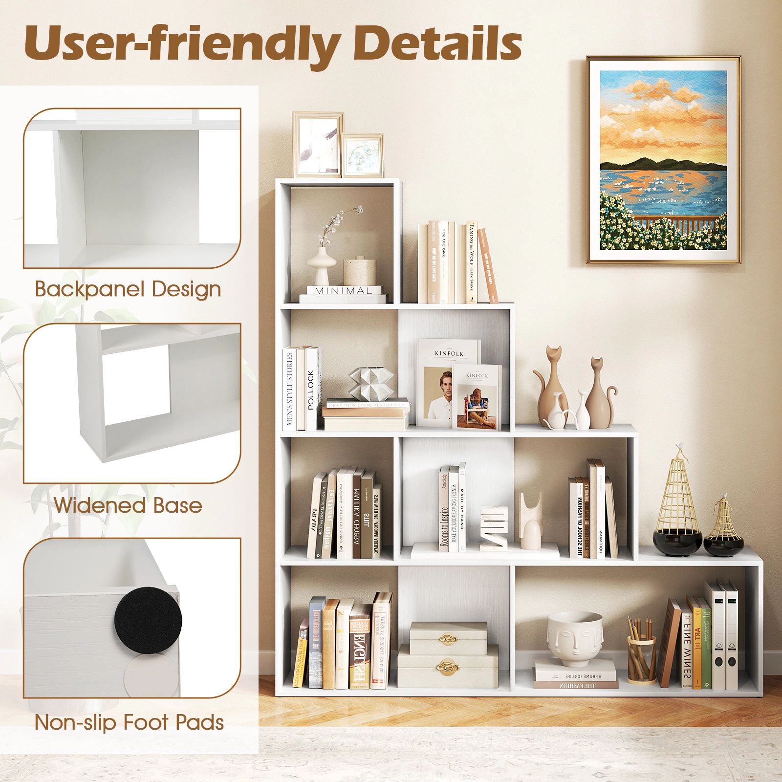 SUGIFT White 4-Tier Stair Bookcase with 6 Cubes and Stepped Display Design