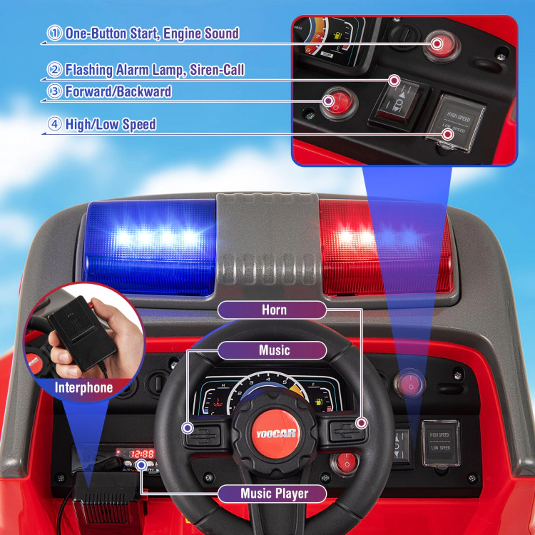 Hivvago 12V Ride on Fire Truck Powered Car with Water Sprayer and Interphone-Red