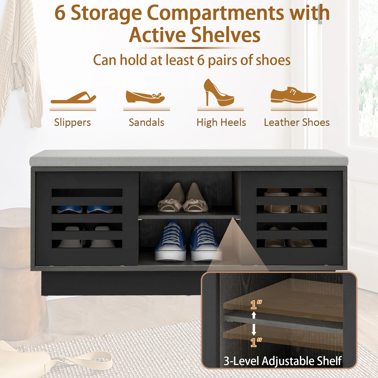 SUGIFT Gray 6 Storage Compartments 3 Adjustable Shelves and Sliding Doors 39 Inch Shoe Bench