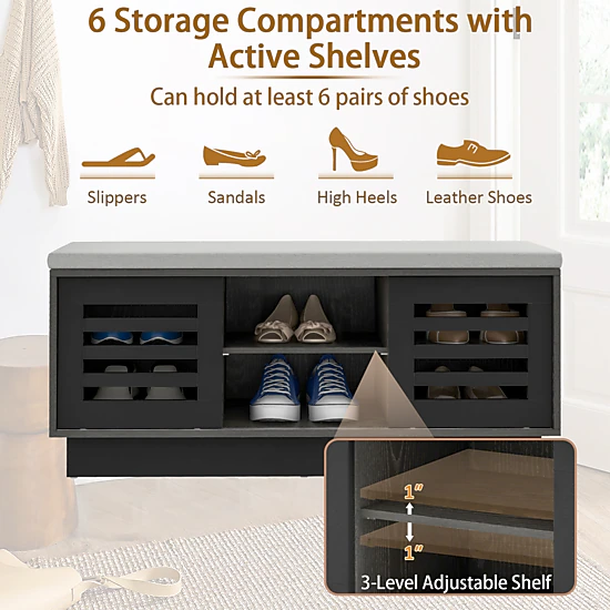 SUGIFT 39-in Gray Shoe Rack Storage Bench with Sliding Doors and 3