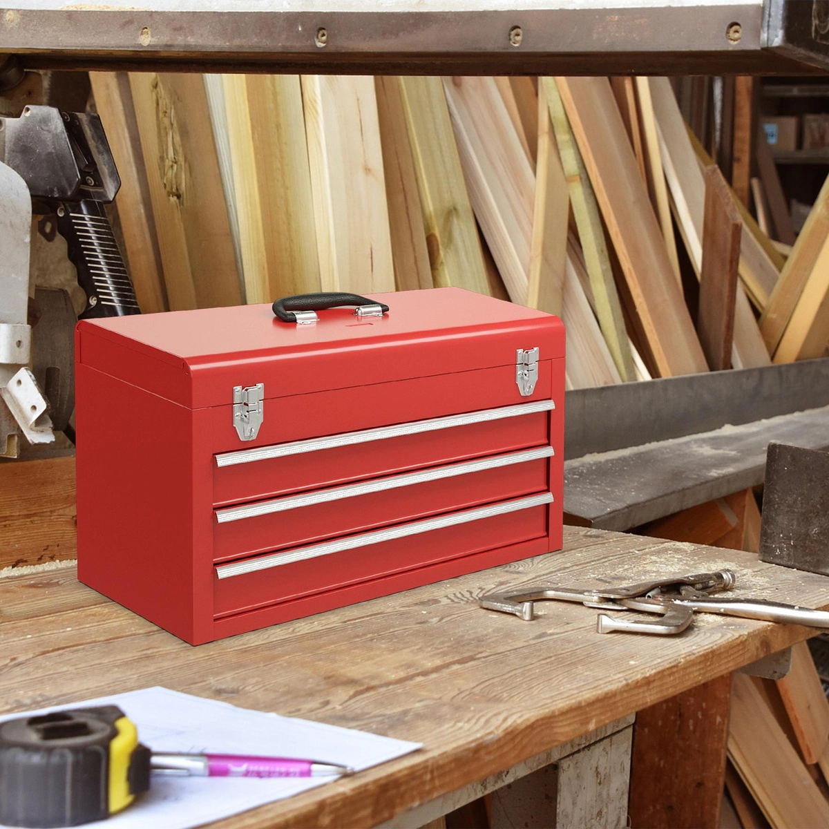SUGIFT Garage Mechanic Tool Cabinet Box with 3 Drawers 22-lb Drawer Capacity 20.5-in Wide Top Tray Locking Lid Red