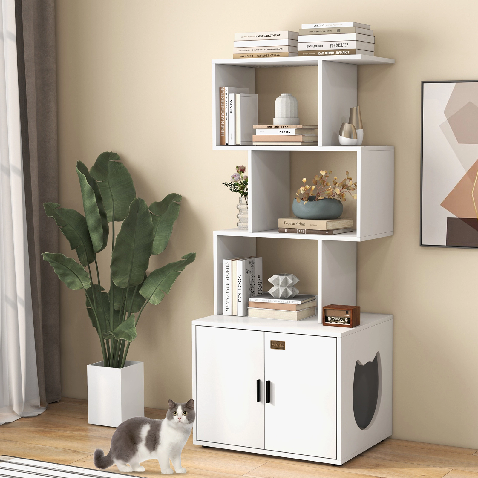 SUGIFT 56-in Tall Hidden Cat Litter Box Enclosure with Storage Shelves Rustic Brown and White