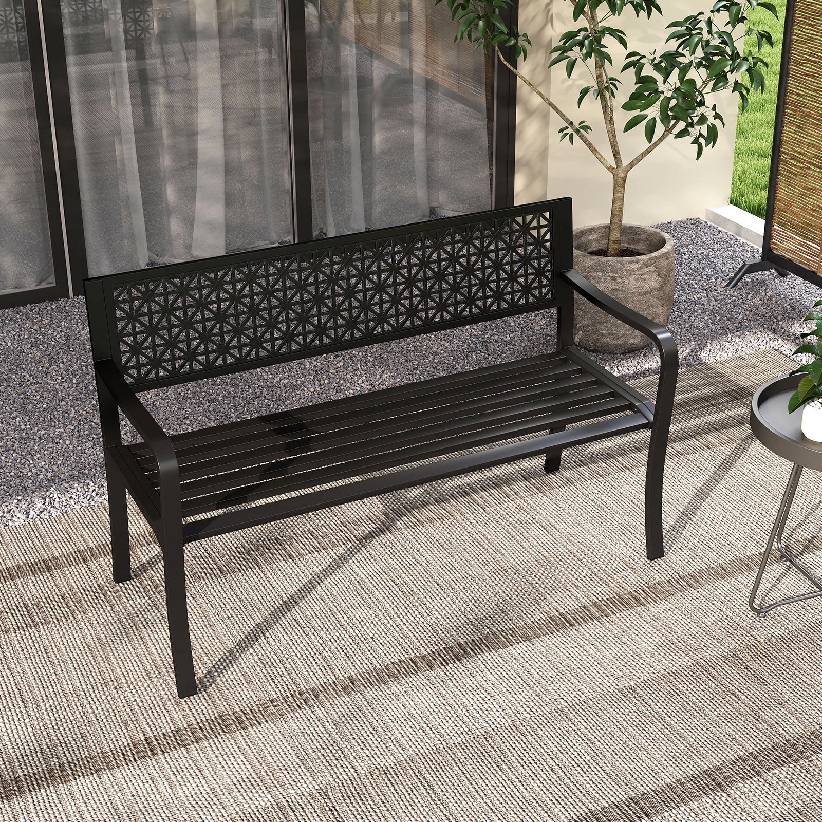 LJG 50 Inch Garden Bench with Patterned Backrest and Curved Armrests for 2-3 Person