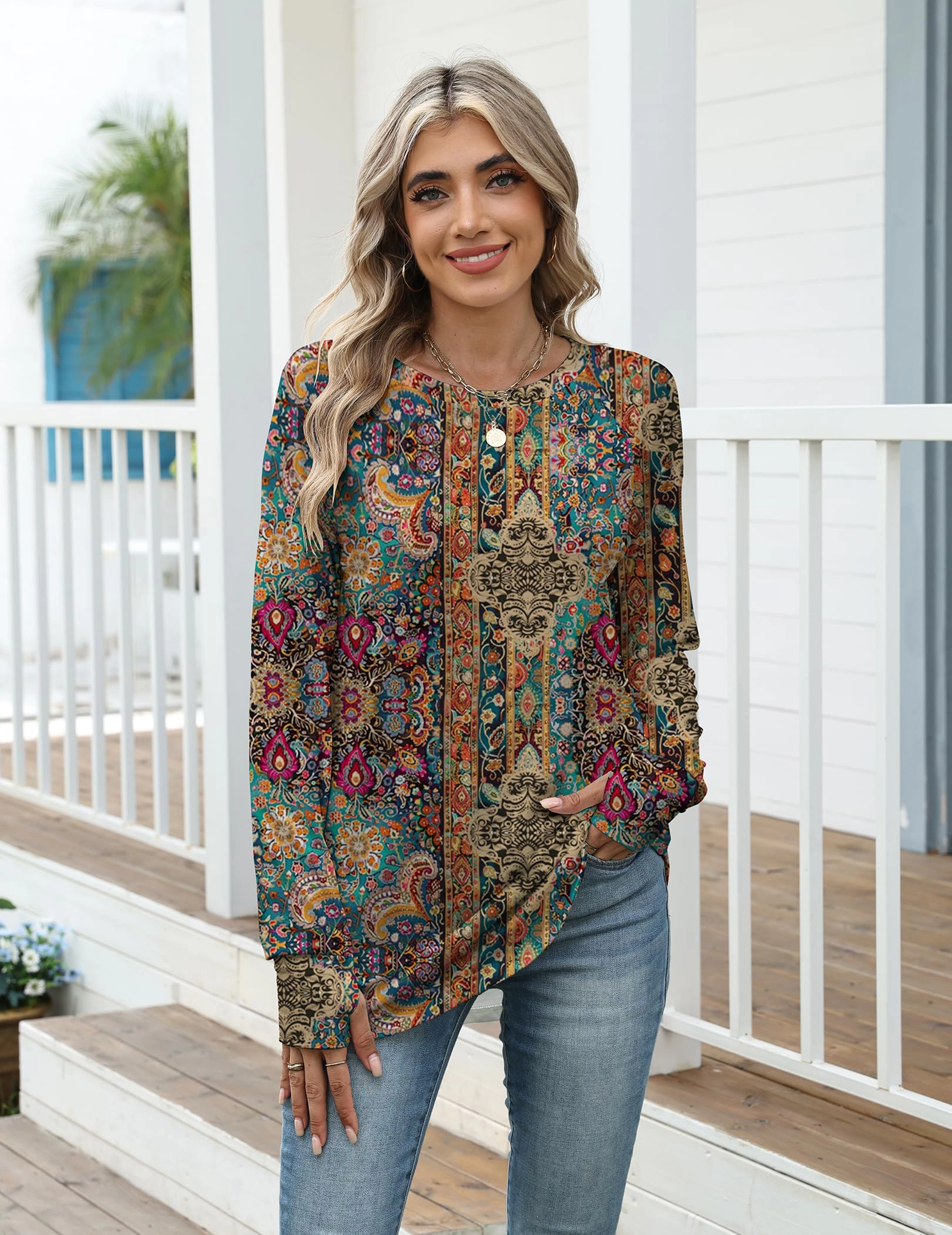 Zeagoo Women's Long Sleeve Button-Down V-Neck Pleated Floral Boho Blouse