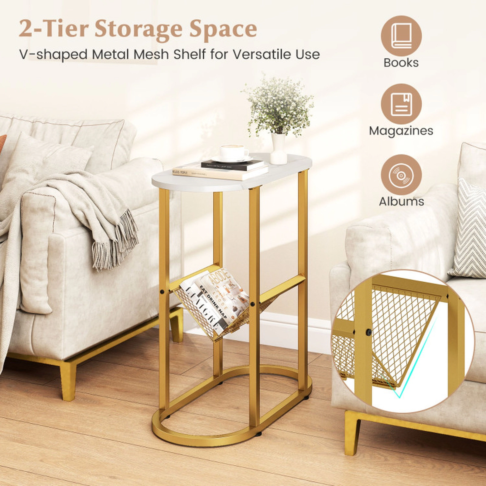 SUGIFT 2-tier Industrial Oval Side Table Mesh Shelf 110-lb Tabletop 22-lb Shelf Capacity 23-in Long White Rustic Brown