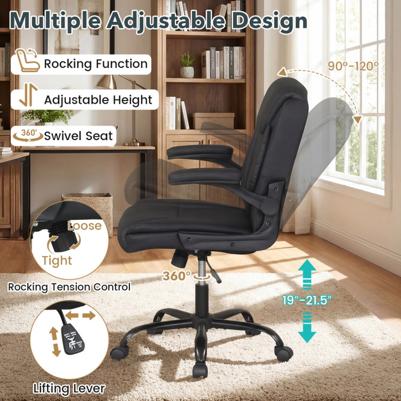 SUGIFT Ergonomic Leather Office Chair with Rocking Function and Flip-up Armrests 350-lb Capacity Black 27 x 26 x 37-in