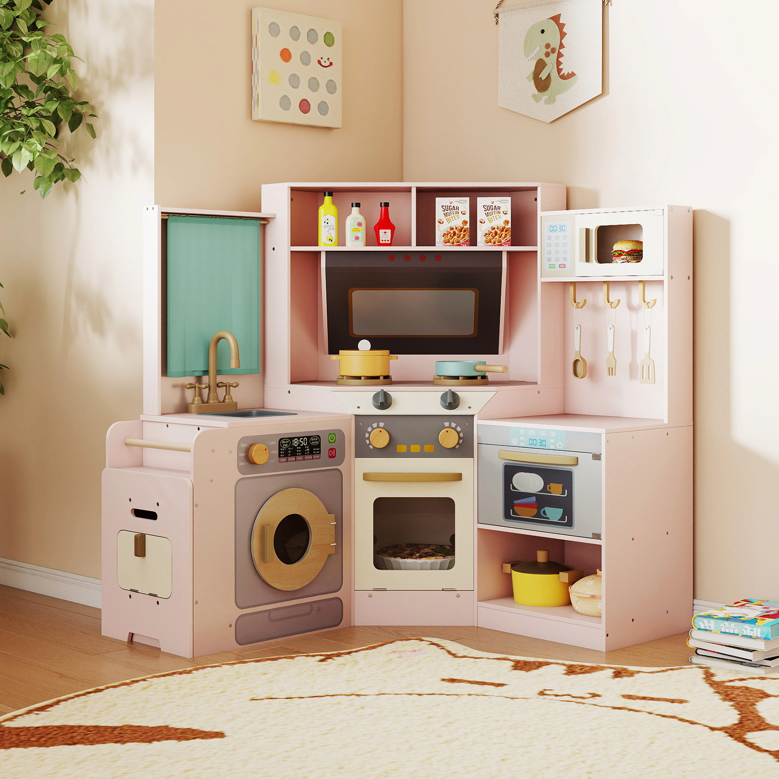 Corner Kids Play Kitchen with Pull-Out Trash Can Lighted Stoves Dishwasher and Curtain 46-in x 23-in x 37-in Pink
