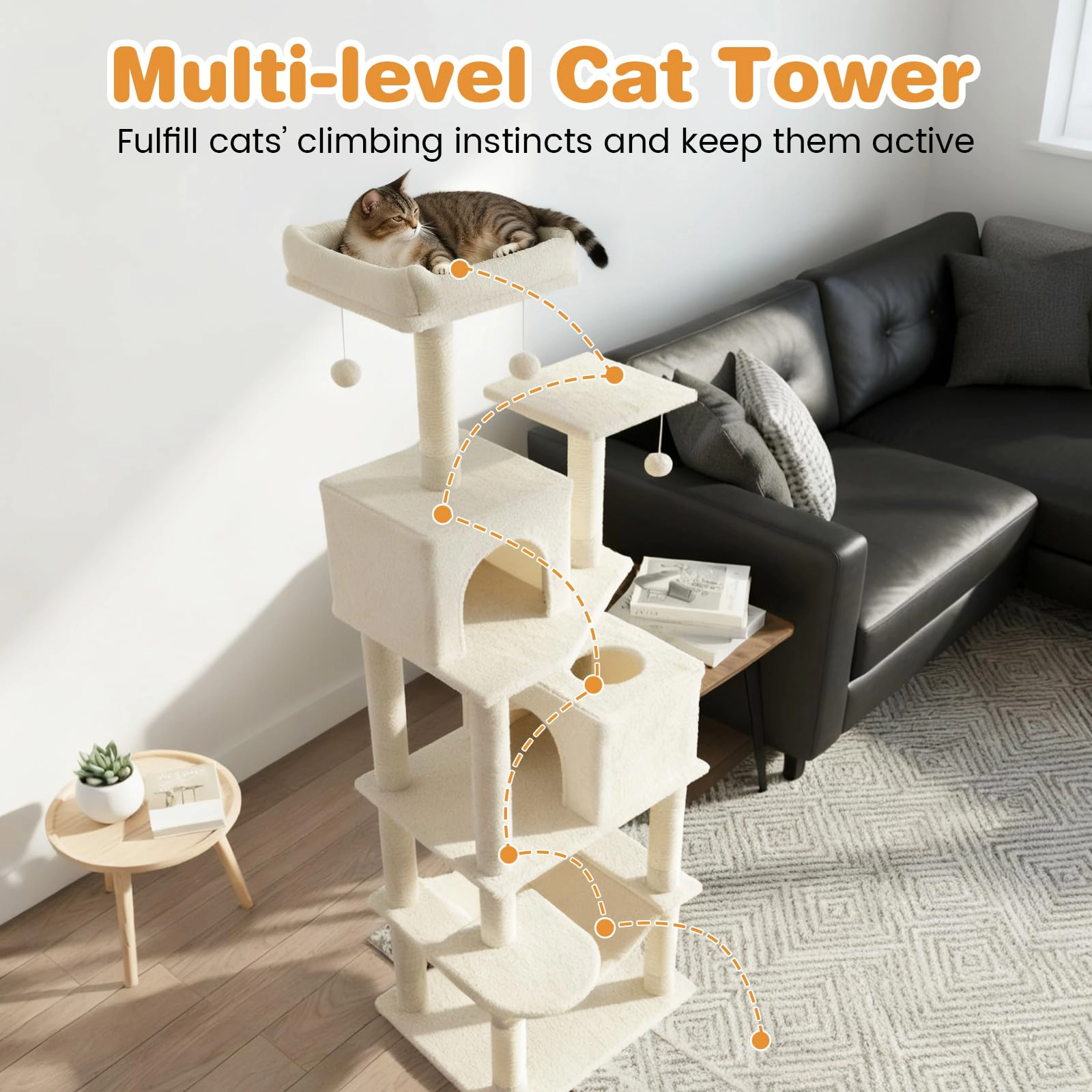 Glintex 58-Inch Cat Tower with 2 Wide-Entrance Condos Basket and Hammock