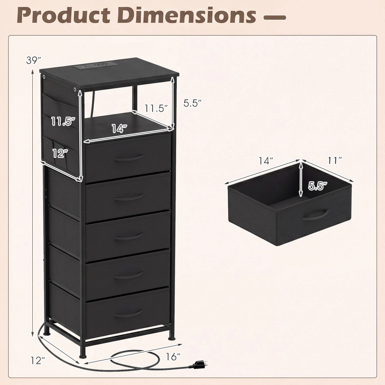 SlickBlue Storage Cabinet with 5 Drawers, Charging Station & Pocket