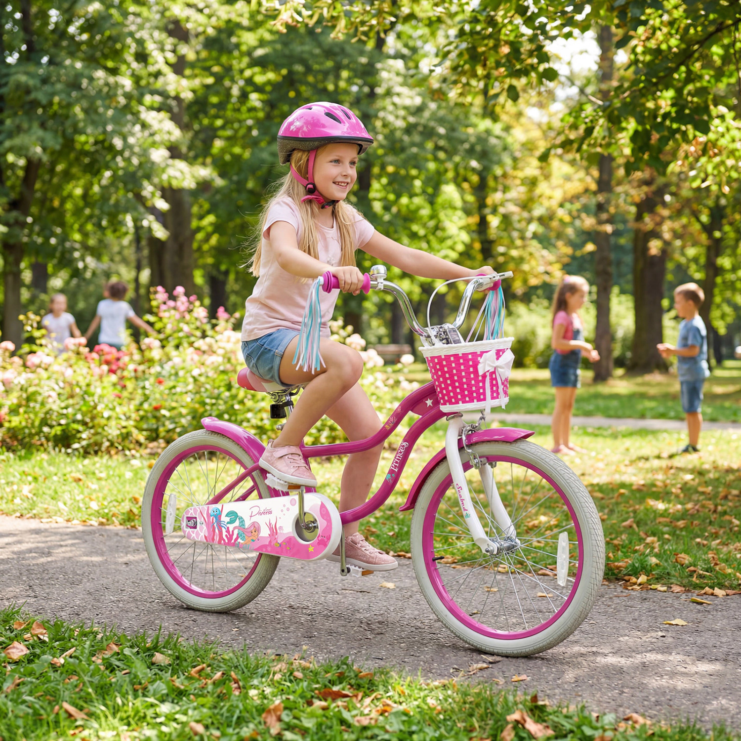 LJG Kids Bike Adjustable with Basket and Streamers Rose Red - Princess of the Sea Theme