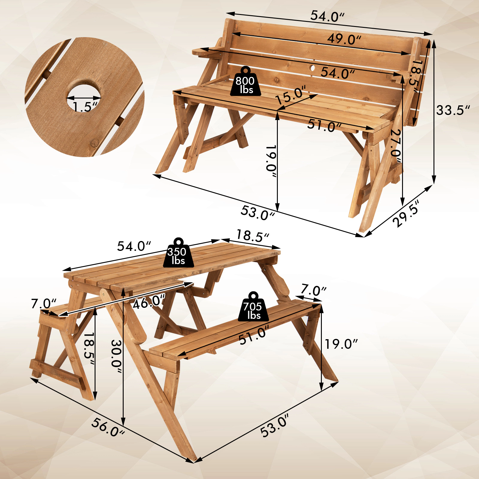 SUGIFT 2-in-1 Convertible Fir Wood Picnic Table and Garden Bench, Dark Brown, Umbrella Hole