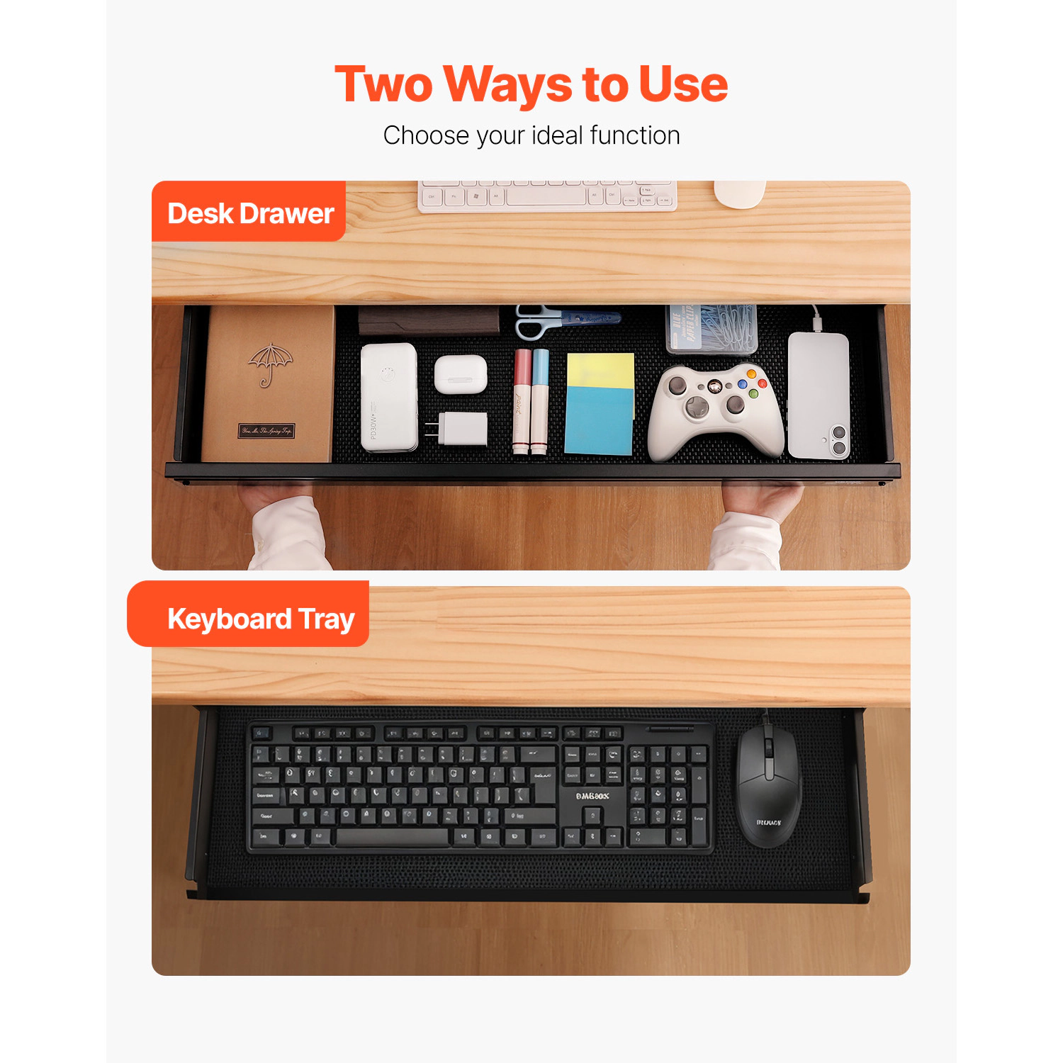 HONGGE Under Desk Drawer Slide Out Under Desk Mounted Pull-out Drawer Attachment Hidden Desktop Storage Organizer Under