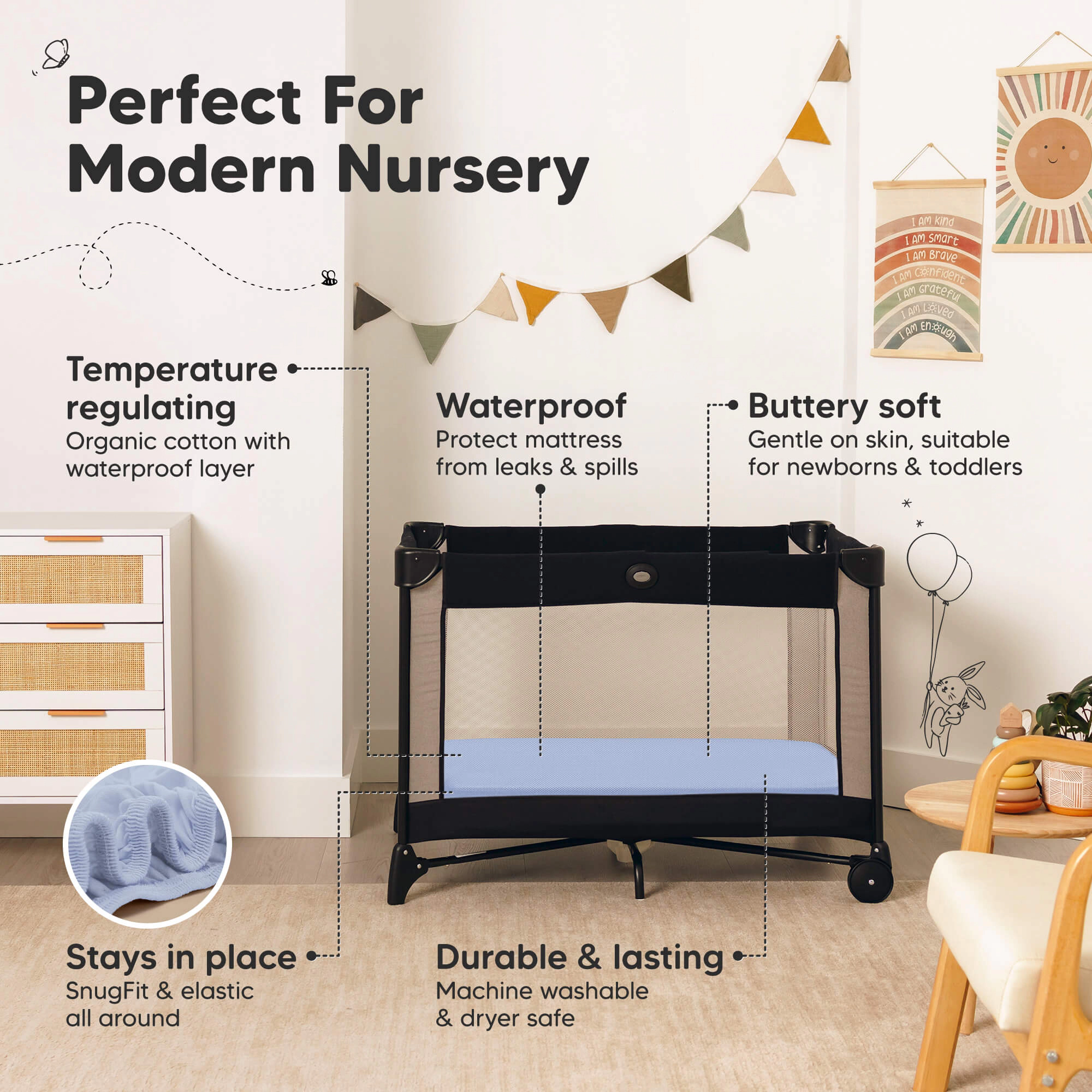 KeaBabies 2-Pack Soothe [Protect+] Waterproof Mini Crib Sheets