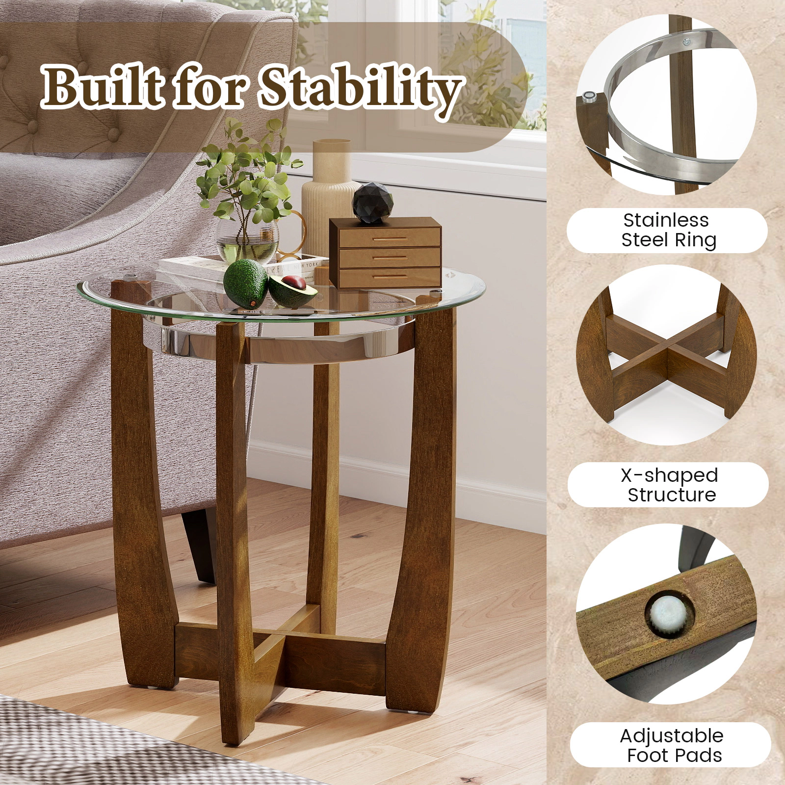 SUGIFT Round Tempered Glass Side Table 220-lb Capacity Transparent & Walnut