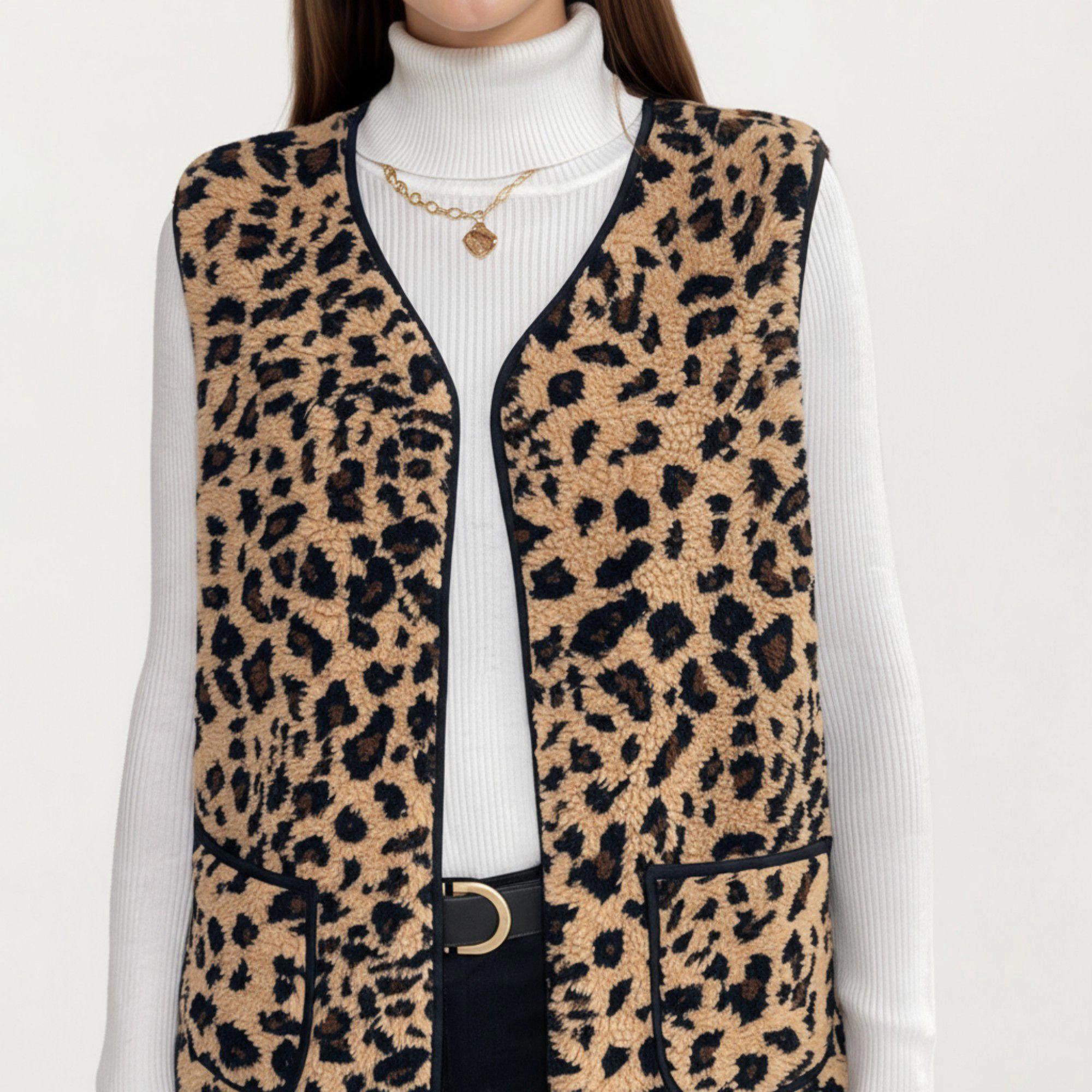 Anna-Kaci Women's Leopard Print Open Front Vest with Contrast Trim and Pockets