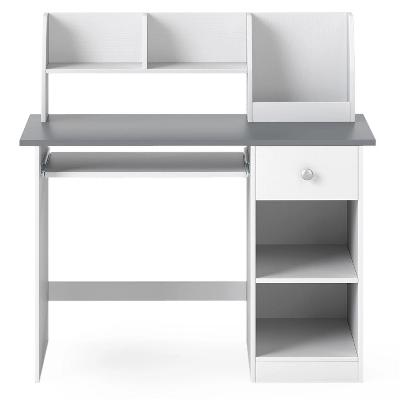 SUGIFT Kids Study Desk with Hutch Drawer Shelves & Keyboard Tray 200-lb Capacity Ages 3-6 Table & Chair Set White & Gray