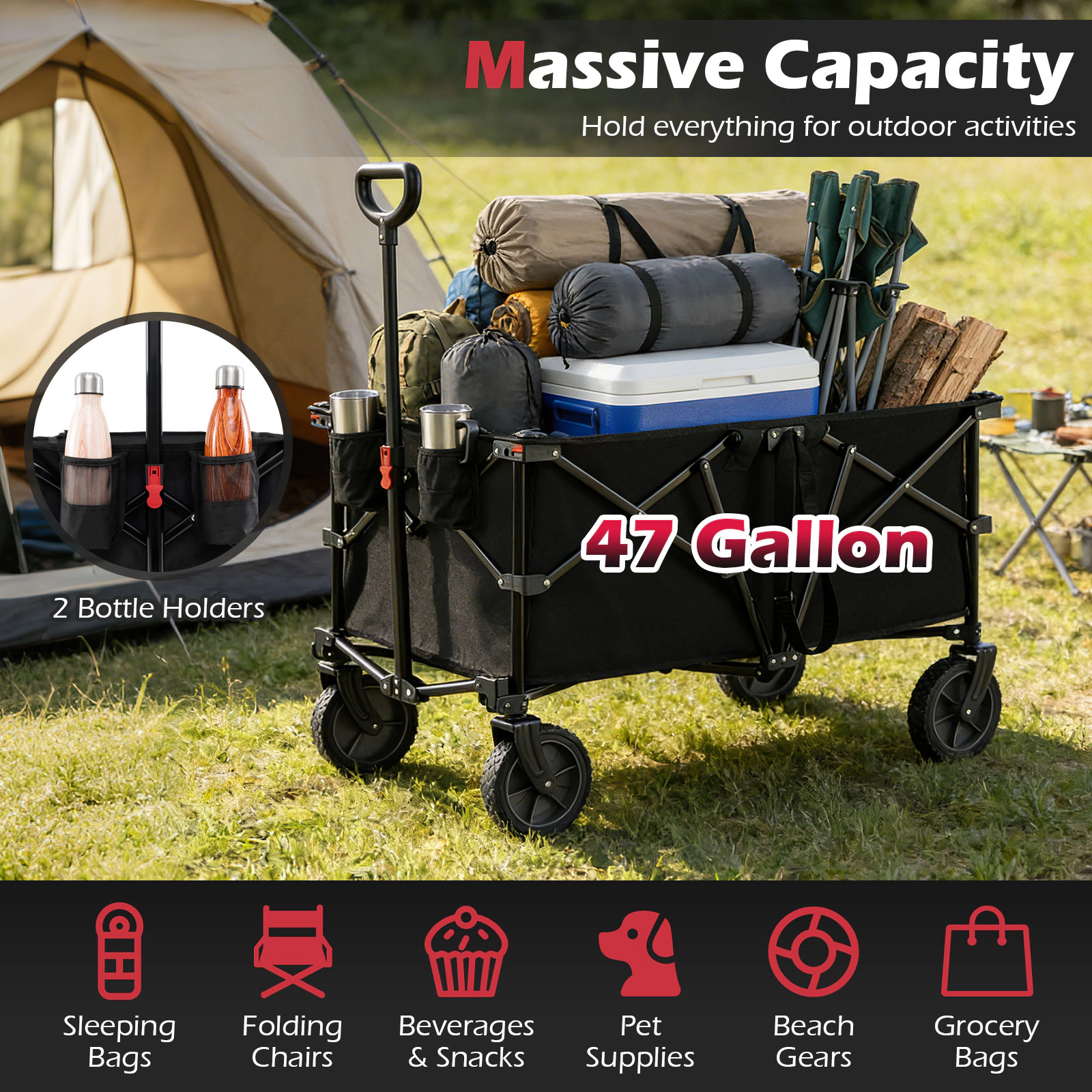 SUGIFT Black 400-lb Capacity Collapsible Foldable Utility Wagon Cart with Zippered Cover and Cup Holders